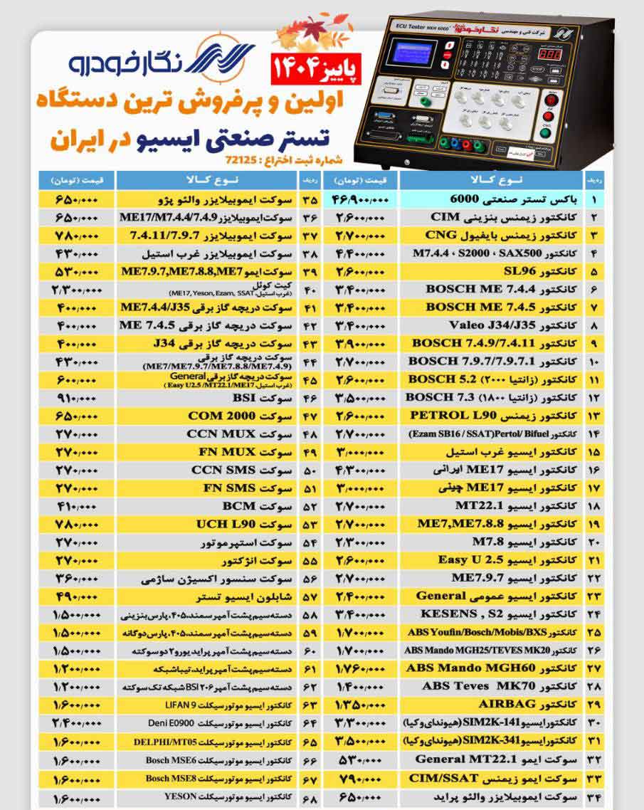 لیست قیمت تکی کانکتورهای تستر ایسیو